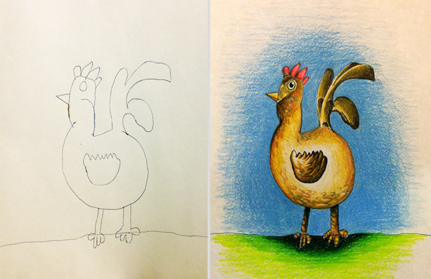 Creative Dad Colors His Kids' Drawings