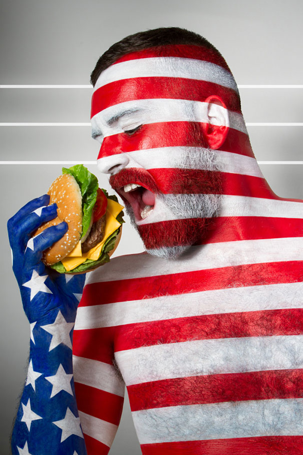 Fat Flag: Models Body-Painted With Flags Eating Their National Foods