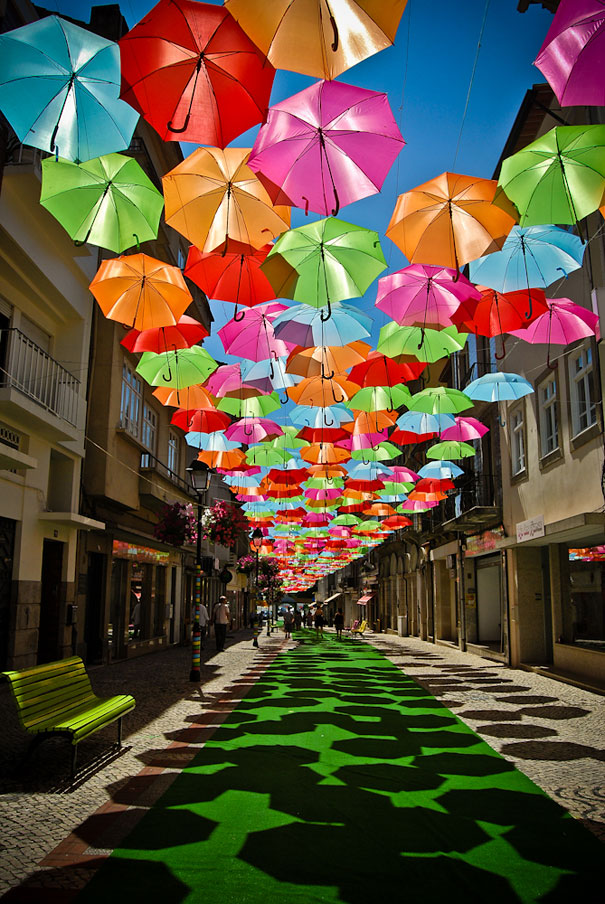 Hundreds of Floating Umbrellas Above a Street in Agueda, Portugal