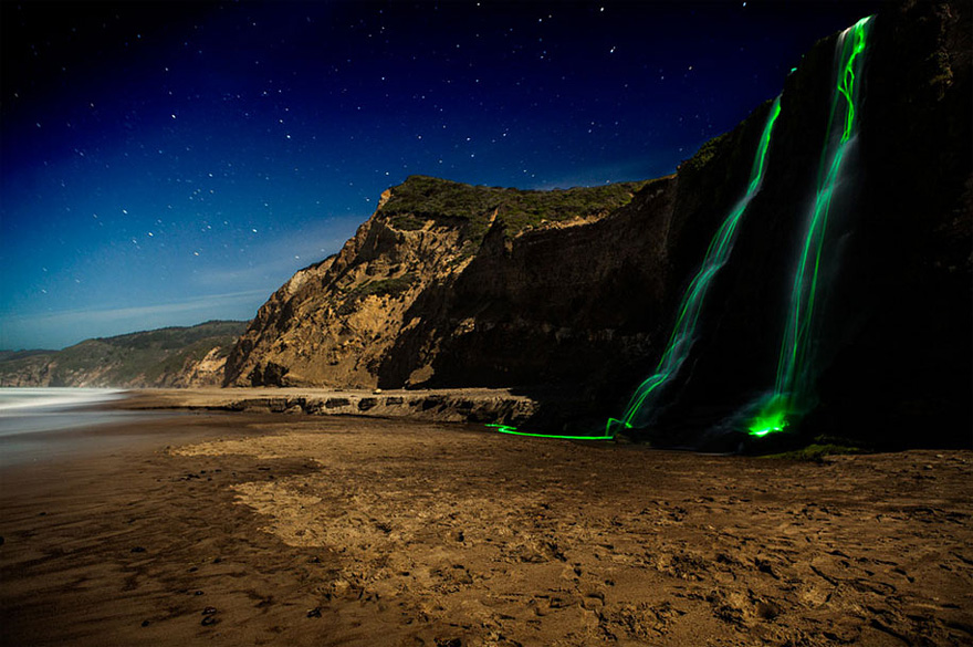 What Happens When You Throw Some Glow Sticks into a Waterfall
