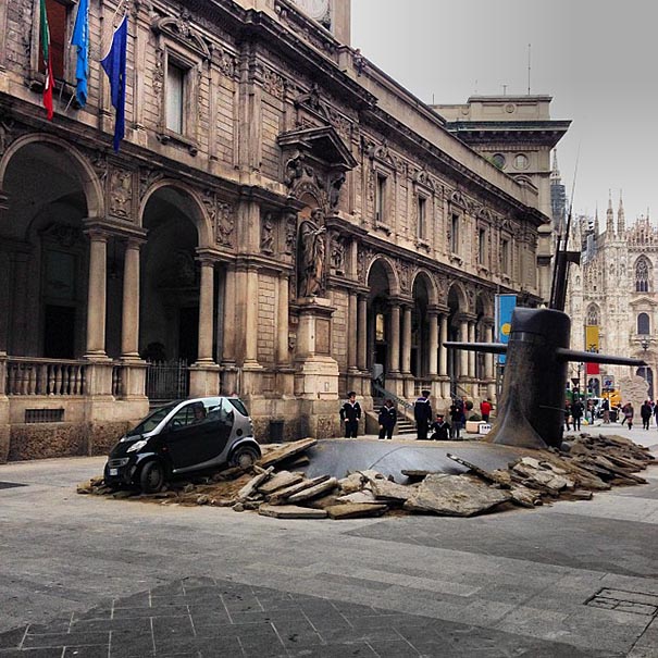 Submarine Crashes Through Streets Of Milan In Creative Publicity Stunt